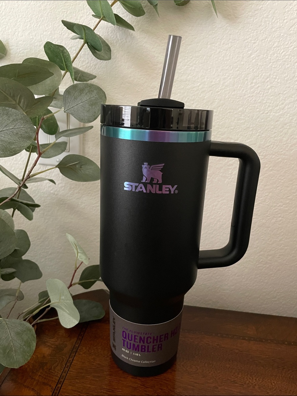 Stanley Matte Black Tumbler with Iridescent Logo and Trim